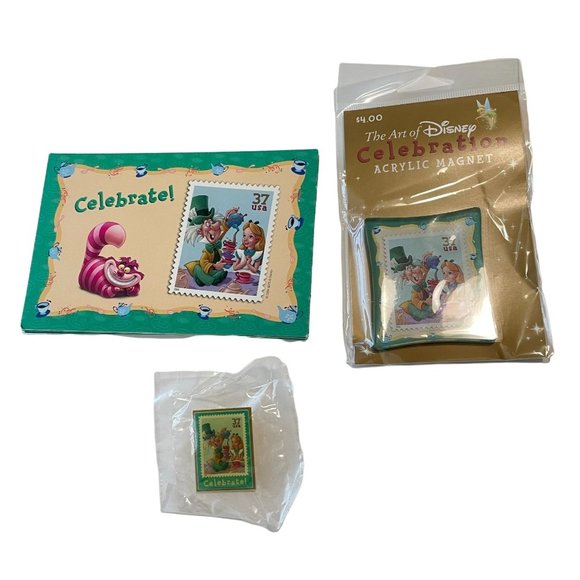 USPS The Art Of Disney Celebration Alice Mad Hatter Pin Postcard & Magnet Set - Picture 1 of 12